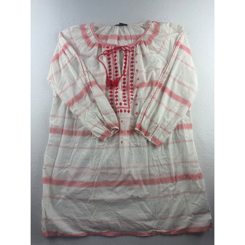 J.Crew Womens L Pink White Striped Embroidered Tassel Peasant Blouse Top